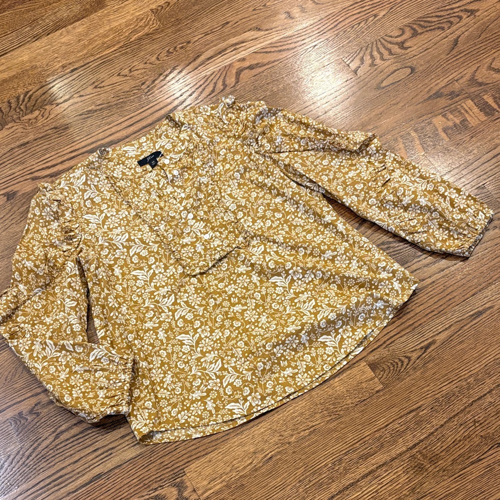 J. Crew  Mustard cotton Floral Puff-Sleeve Blouse, xS